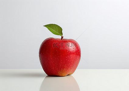 白色桌子上放着一个只有一片叶子的苹果