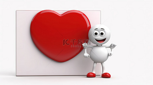 情人节白色爱心背景图片_3D 渲染的红心字符吉祥物，在白色背景上为您的设计提供可用空间