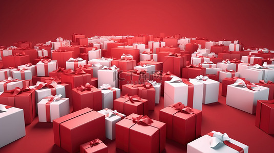 各式各样的红色礼品盒，上面有不同尺寸的白色丝带，令人惊叹的 3D 渲染