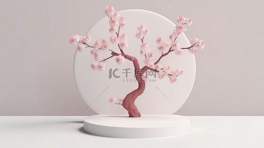 日本樱花背景图片_白色背景下简约日本樱花产品演示的 3D 渲染