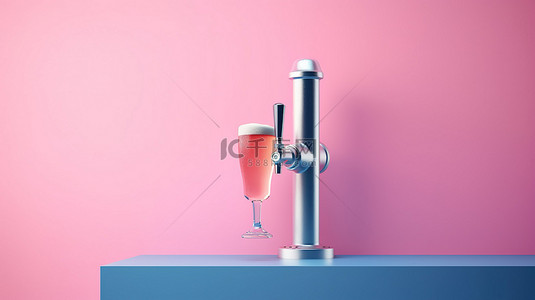 3d 渲染的蓝色背景上的双色调风格粉色酒吧啤酒龙头