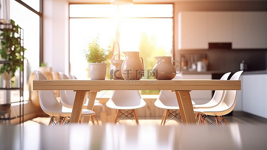 厨房背景模糊的现代餐桌的 3D 渲染，空间空旷
