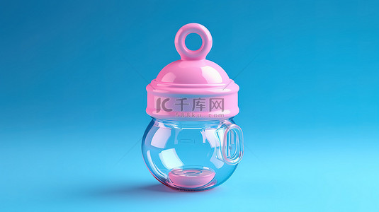 妈妈和孩子背景图片_双色调风格 3D 渲染蓝色背景，配有空粉色婴儿奶瓶和奶嘴