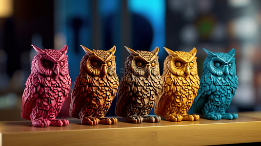 定制行业背景图片_3D 打印猫头鹰四个彩色模型的特写，细节生动
