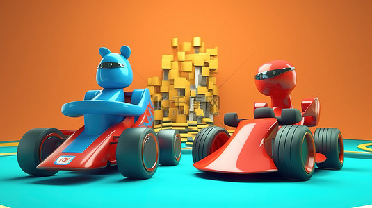 3D 插图中的动画赛车游戏对决之战