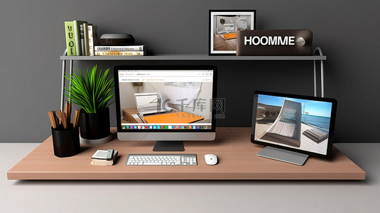 电脑远程背景图片_桌面上在线学校网站的家庭虚拟教室 3D 渲染