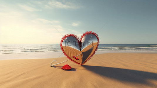 沙滩伞形状的丘比特之箭在 3D 渲染中刺穿心脏