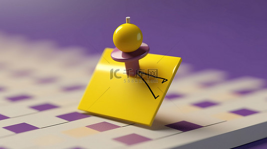 可爱的 3D 渲染紫色提醒日历，带有标记的检查点和白色背景上的黄色响铃
