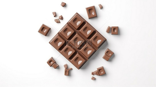 从顶视图在白色背景上隔离的牛奶巧克力片和巧克力棒的 3D 插图