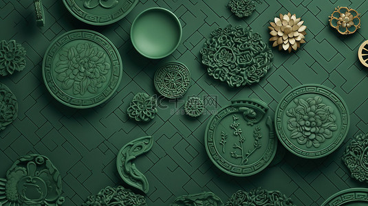 带有中国传统元素的绿色表面，3D 渲染插图中的无缝图案