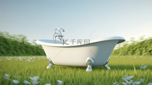 照片逼真的无人浴缸放置在 3D 模型中郁郁葱葱的绿草上