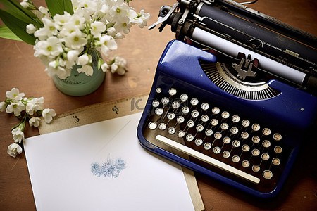 木板背景图片_桌上有一台打字机，上面有笔和花
