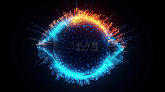 技术和科学中蓝色粒子抽象能量球的 3D 渲染