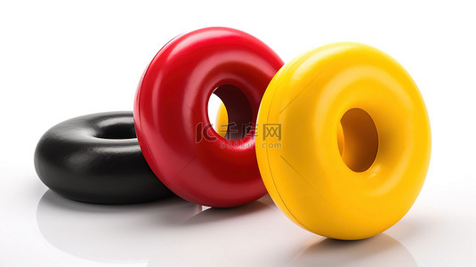 3D 中的彩色几何形状渲染红色环面甜甜圈黄色球锥黑色腿隔离在白色背景上