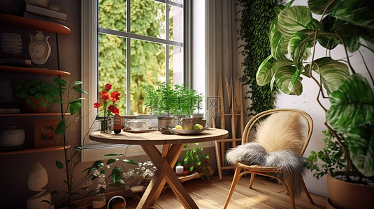 盆栽植物背景图片_窗边宁静的用餐和阅读角落装饰着郁郁葱葱的盆栽植物 3D 插图
