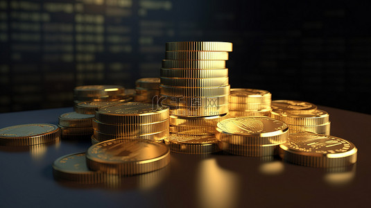 金融投资概念堆叠金币与交易图的 3D 插图