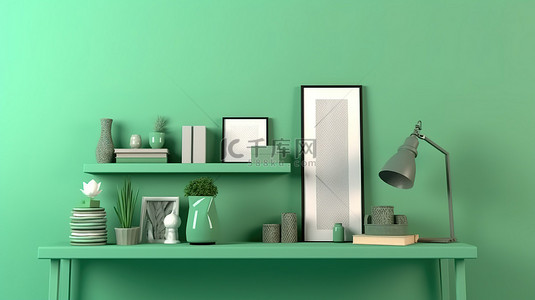 背景照片墙背景图片_郁郁葱葱的绿色和宽敞的房间装饰的办公桌框架照片，具有 3D 渲染