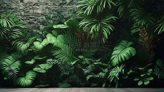 热带树叶墙 3d 渲染与春夏氛围