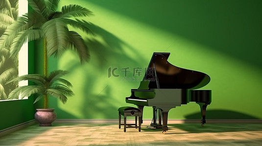 五一钢琴背景图片_绿色单色景观中大钢琴的 3D 渲染，棕榈树阴影投射在墙上