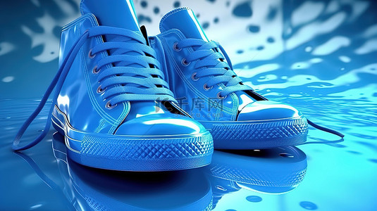 明亮鞋底上时尚蓝色运动鞋的 3D 渲染