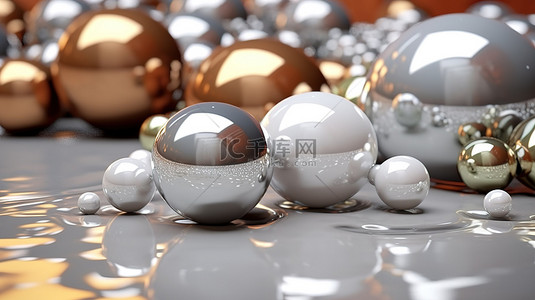 抛光大理石表面与层叠软金属球抽象 3D 艺术品