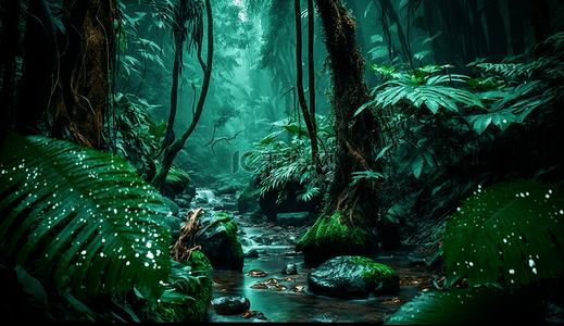 森林雨背景图片_雨中的森林小溪流水石头树叶风景绿色自然背景