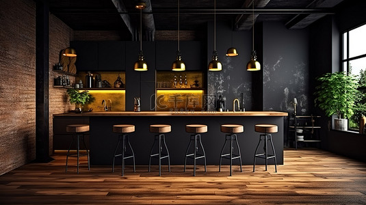 木地板金属天花板深色厨房内部的 3D 渲染，从侧面看有酒吧架和凳子