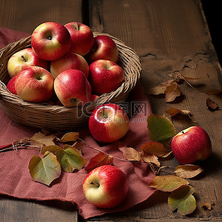 苹果叶子和木桌上的叶子