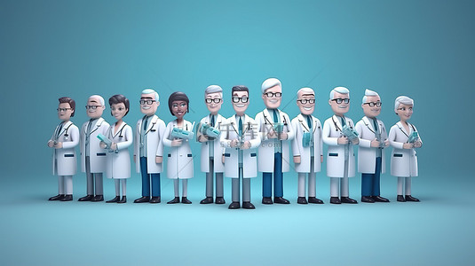 医疗团队与医生和专家的注射器 3D 卡通插图合影