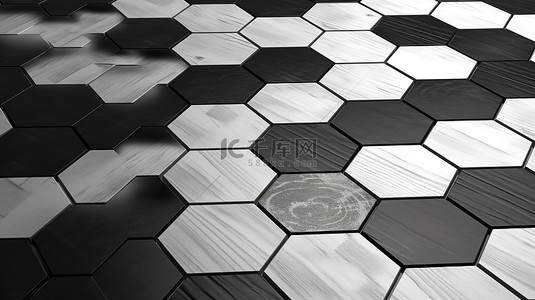 黑背景图片_六角形黑白瓷砖硬木地板的简约 3D 渲染