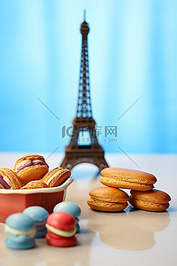 摩托车背景图片_法国面包和饼干，背景是埃菲尔铁塔