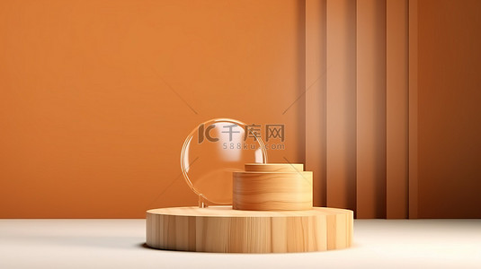 品牌推广方案背景图片_用于品牌推广产品的抽象木质底座展示的真实 3D 渲染，带有盒式支架概念讲台