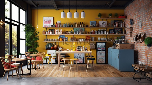 网店设计背景图片_迷人的咖啡店市场，猫色彩缤纷的 3D 渲染零售店设计