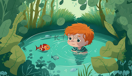 卡通可爱男孩小鱼背景