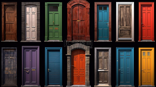家背景图片_3d 渲染中各种风格的多彩多姿的门