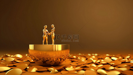 浪漫情人节背景，两颗闪闪发光的 3D 金色心形