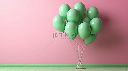 一群祖母绿气球靠在腮红色的墙上 3D 渲染图像