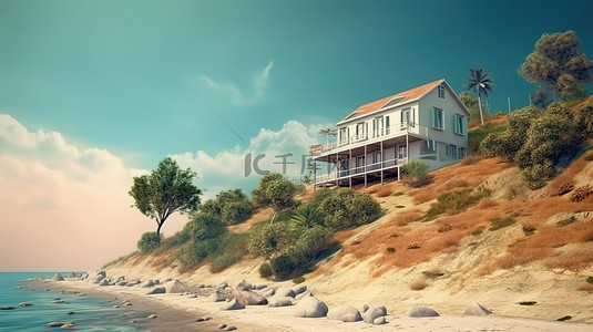 夏日海滨背景图片_高地地形上的海滨住宅 3d 渲染