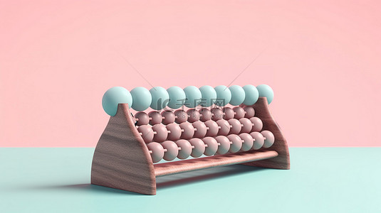 双色调风格的蓝色复古木制算盘模型，在 3D 渲染的粉红色背景上