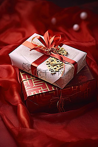 元旦背景图片_礼物放在红色卷轴上，上面有礼品包装和书面文字