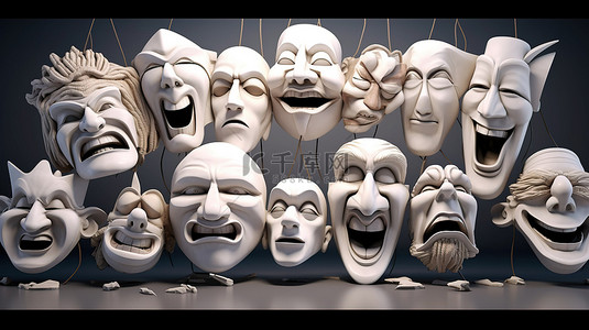 描绘各种面部表情和情绪的面具的 3D 插图
