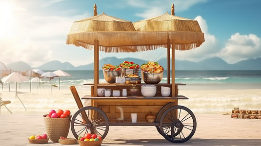 美食街背景图片_3D 渲染木制街头食品车，在热带海洋海滩上提供亚洲肉丸面，配有椅子