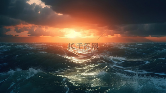 日落时暴风雨般的蓝色海洋的顶视图 3D 插图