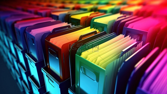 模糊和彩色 3D 渲染图像的特写视图，显示目录中的存档文件夹寄存器名称