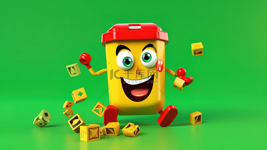 塑料骰子背景图片_绿色回收箱吉祥物的 3D 渲染，红色骰子在黄色背景上飞行