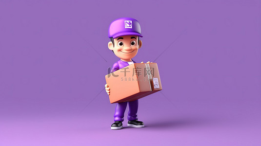 紫罗兰色包裹快递员递送盒子包裹的 3D 插图