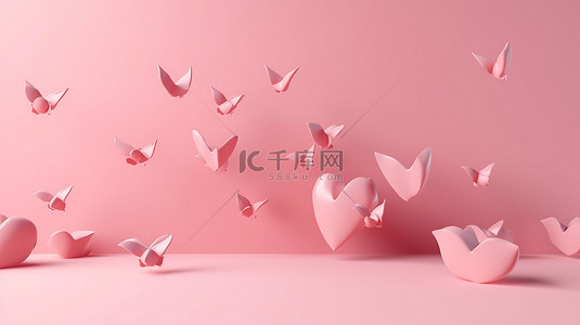 浪漫的粉红色柔和背景，带 3d 心，用于爱情横幅或贺卡