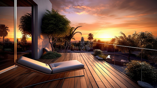 3D 渲染现代房屋，在美丽的位置欣赏令人惊叹的日落景色