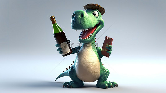 幽默的 3d 恐龙与酒瓶