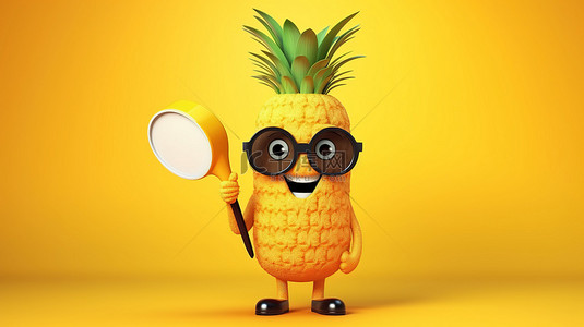 男孩放大镜背景图片_一个古怪的时髦菠萝角色，带有放大镜，在欢快的黄色背景下设置 3D 插图